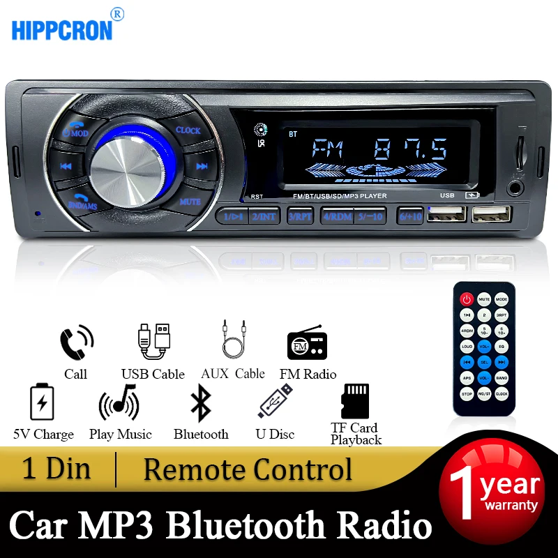 Hippcron Автомагнитола стерео приемник 1 DIN FM Bluetooth MP3 аудио плеер сотовый телефон