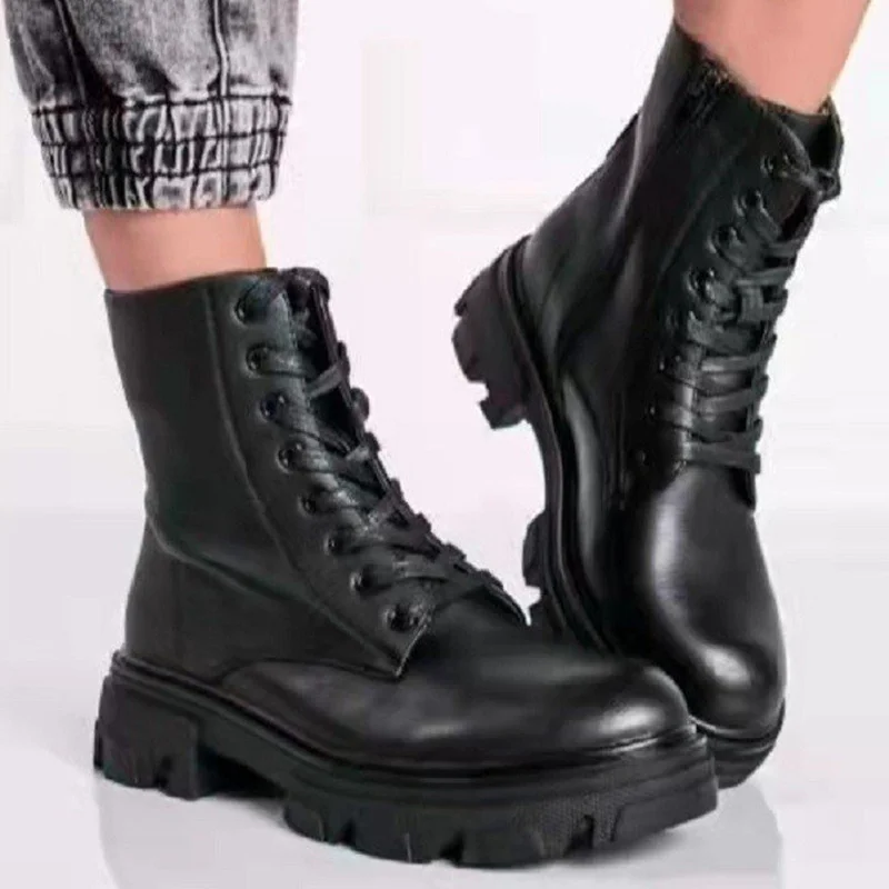 

Women Boots Lace Up Ankle Boots Women Round Toe Women Casual Shoes Comfortable Ladies Flat Shoes Black Female Sneakers Plus Size