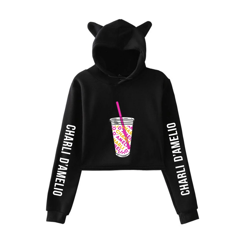 

2021 Pertty Ice Coffee Splatter Cat Ear Hoodie Sweatshirt Women Sexy charli damelio merch Casual Short Sweatshirts Pullover Tops