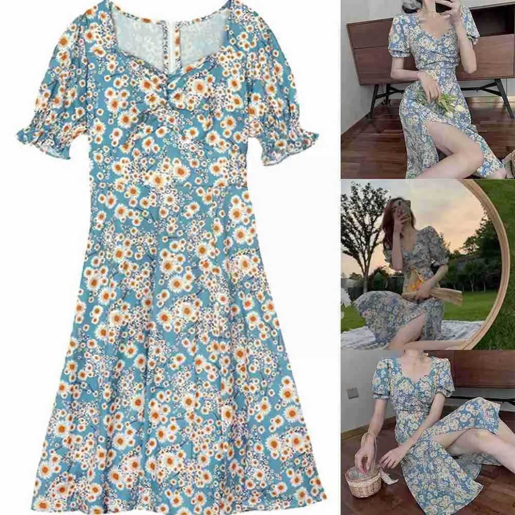 

Elegant French V Neck Floral Short Sleeveless Dress Fashion Dress Women Floral Split Side Retro Trumpet Sleeve I0r0