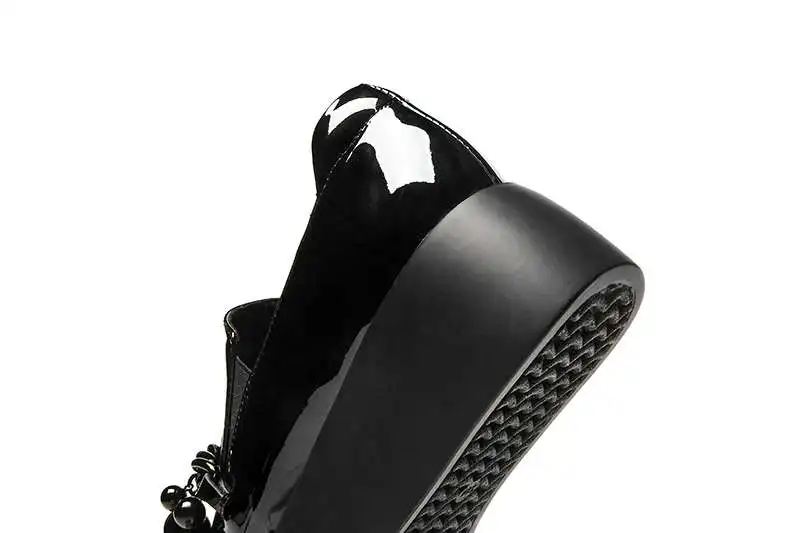

black real cow leather slip on pointed toe flat platform loafers metal chain decoration campus vulcanized shoes