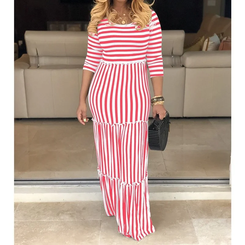 

Long Women's Dresses New Short Sleeve Stripe O-neck Maxi Dress Loose Fashion Casual Ankle-Length Straight