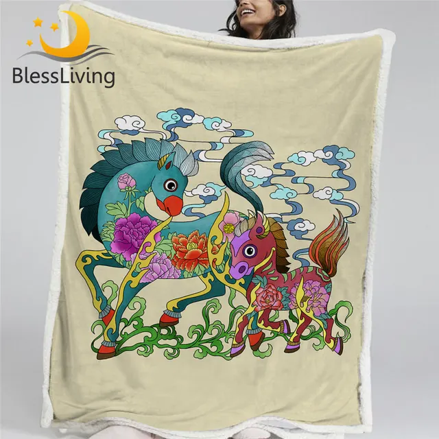 BlessLiving Horse Sherpa Blanket Peony Flower Linen Blanket Traditional Custom Blanket Floral Leaf Colorful Plush Bedspreads 1
