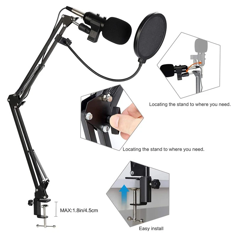 

USB Condenser Microphone Kit with Adjustable Microphone Suspension Scissor Arm,for Studio Recording and Broadcasting