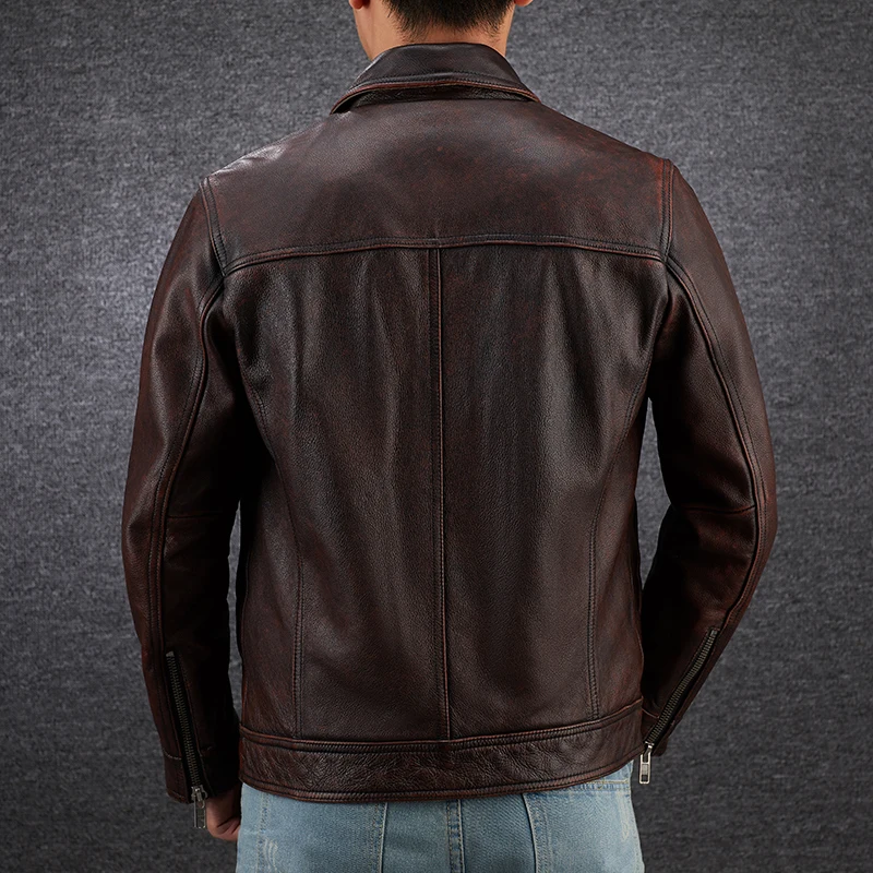AMEKAJI head layer cowhide retro stone mill do old leather leather motorcycle leather jackets men brief paragraph