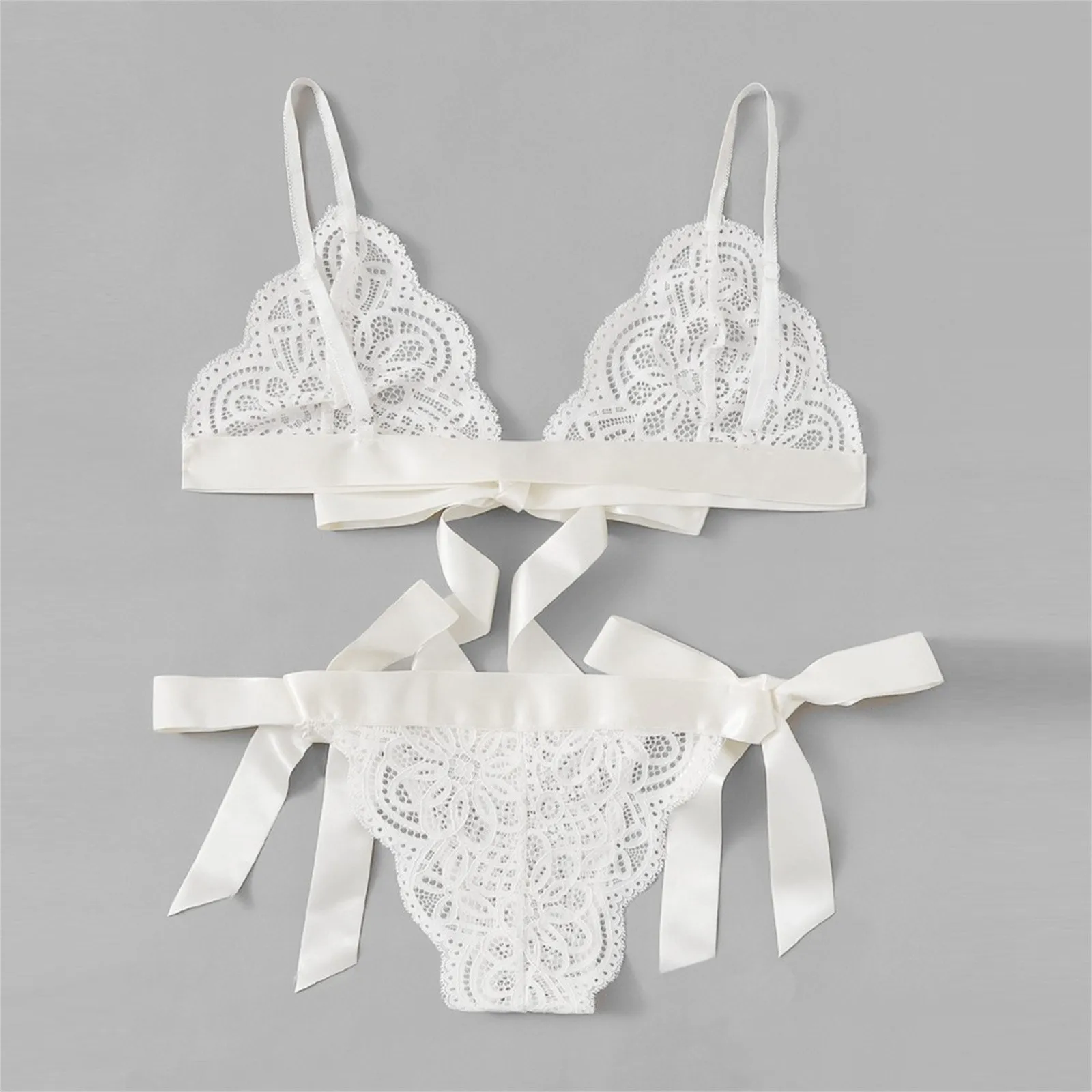 

Women Underwear Ladies Sexy Temptation Scalloped Trim Lace Bra Side Ribbon Bow Strappy Thong Underwear Set Sensual Lingerie T5