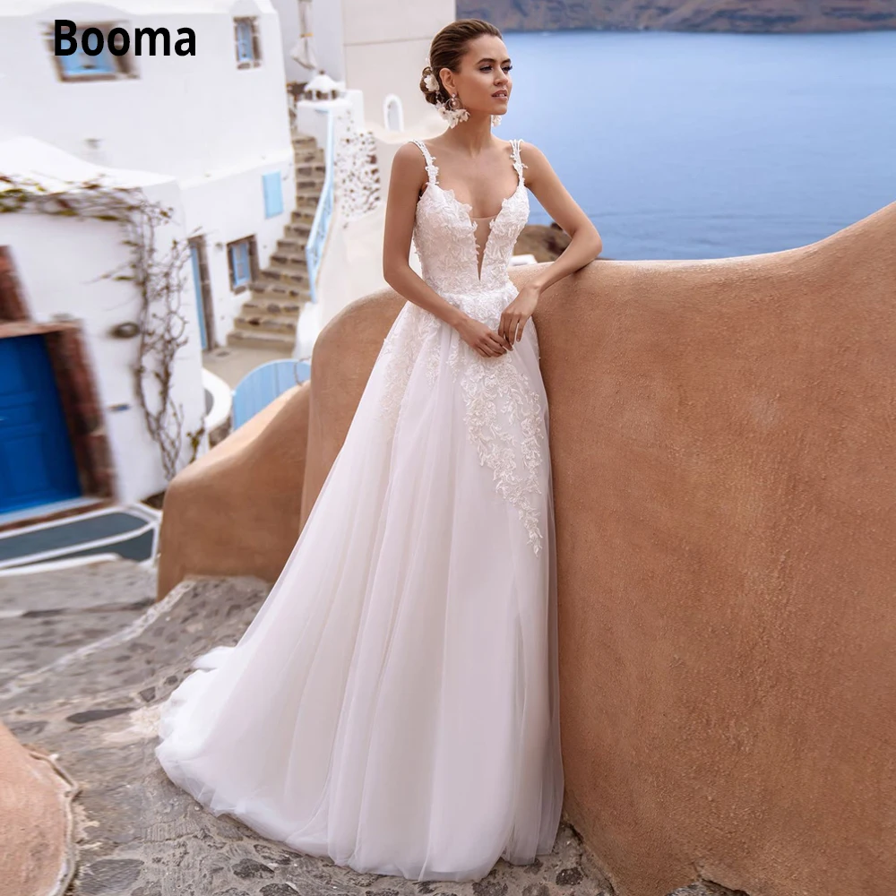 

Booma Boho Wedding Dresses Lace for Bride 2020 Summer Fall V-neck Appliques Boho Wedding Gowns Open Back Bohomian Tulle Gowns