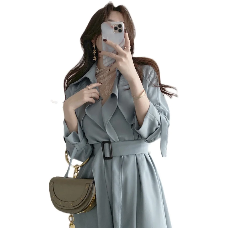 

Autumn and winter women's long ruffled long-sleeved trench coat