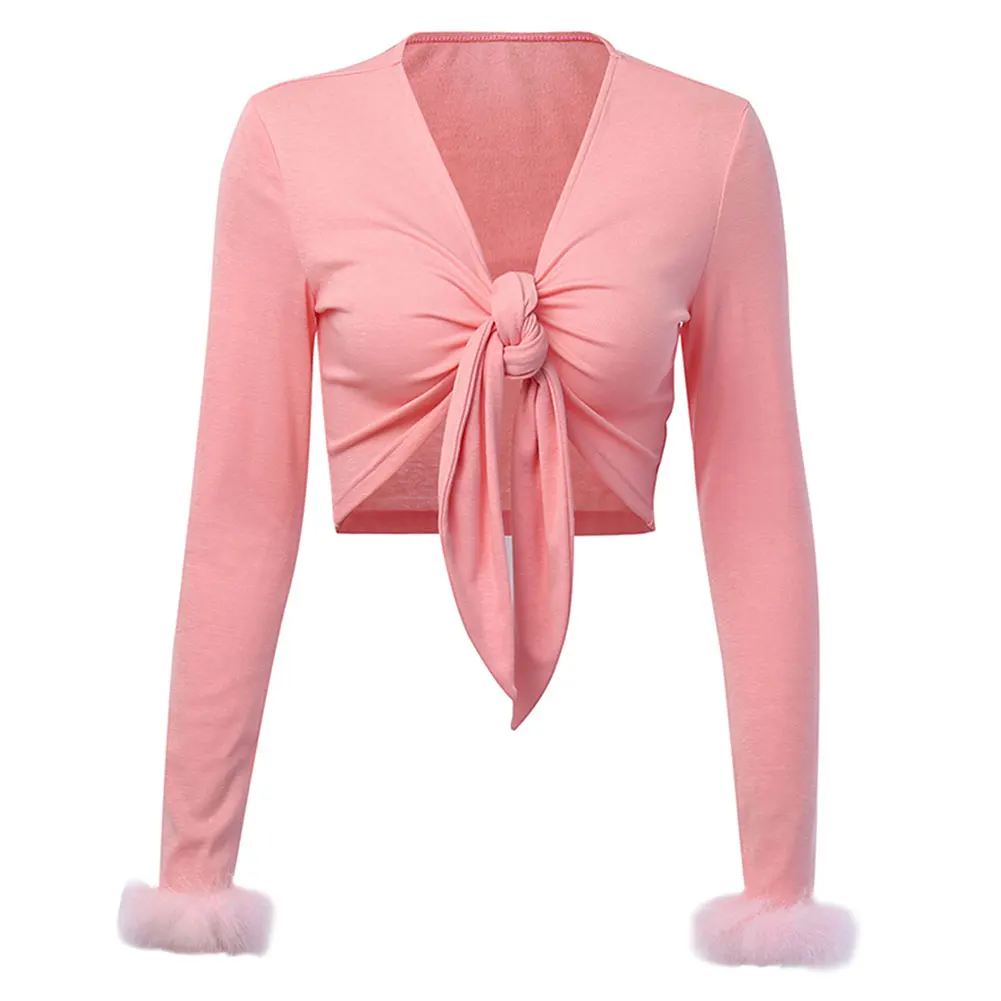 

Hirigin Pink V-Neck Sexy Women Shirt Front Bandgae Lace up Long Sleeve Patchwork Feathers Cute Cropped Skinny Fall Short Tops