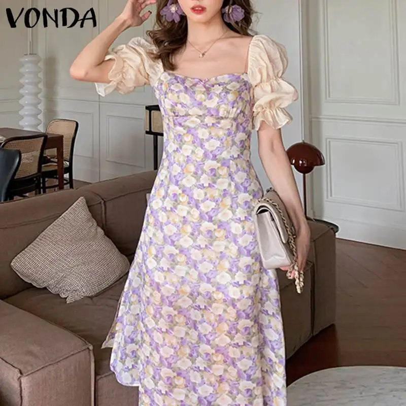 

Women Dress 2021 VONDA Fashion Floral Printed Flare Sleeve Dress Casual Pleated Square Neck Zipper Vestido Femininas Robe Femme