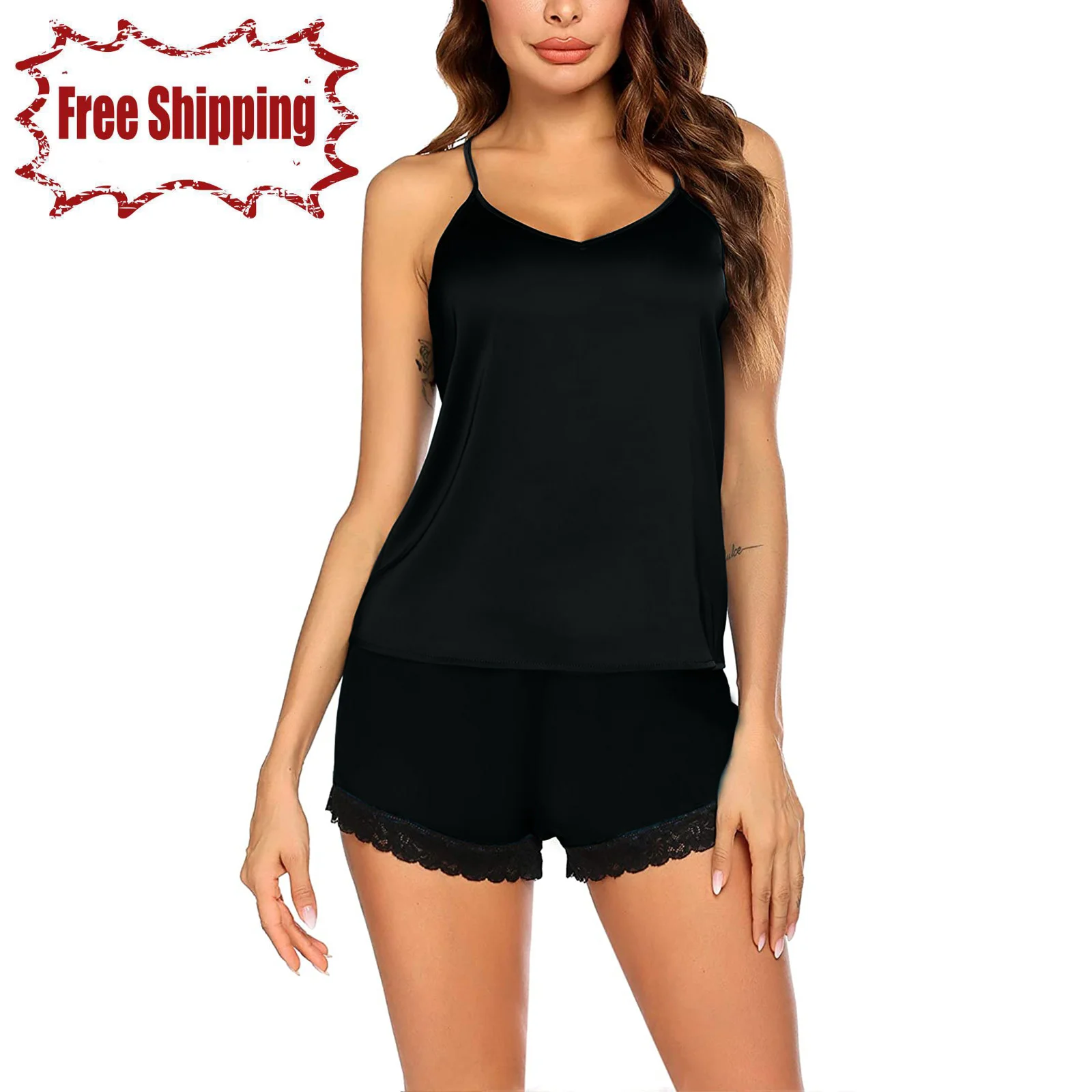 

Модная одежда для сна для девочек, сексуальное нижнее белье, атласная майка, однотонные шорты, комплект, мягкая одежда для сна, Пижама для же...