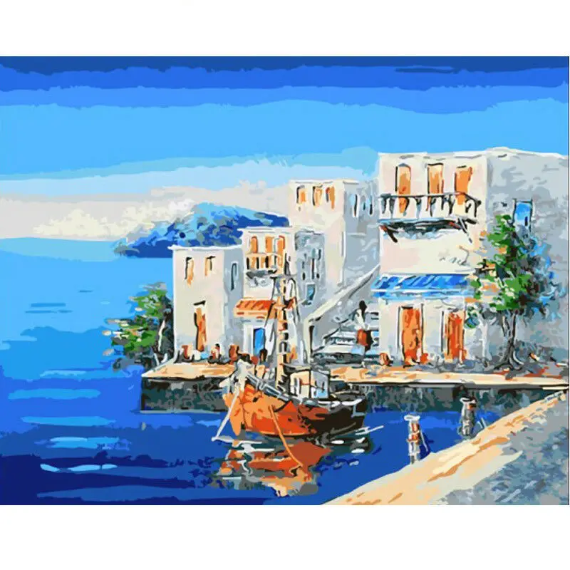 

Paint By Number Kit Painting on Canvas Art Wall Decor Seaside House Boat