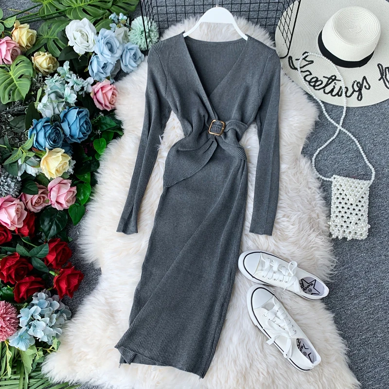 gray Модное женское платье стрейч черного цвета с v-образным вырезом и длинным рукавом, длинное осеннее платье макси, шикарное трикотажное платье, облегающее женское платье - Цвет: gray