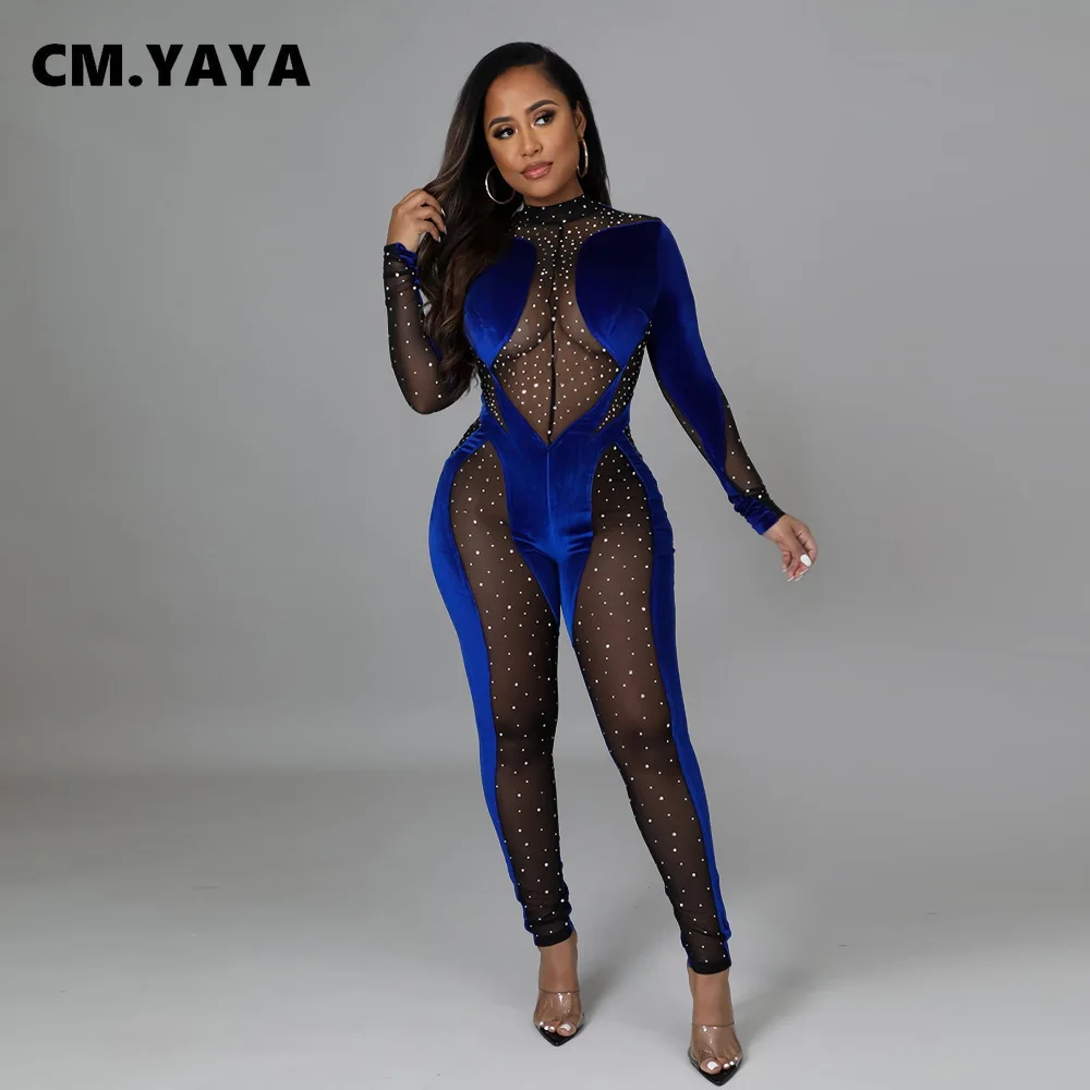 

CM.YAYA Women Diamonds Hot Drill Mesh See Though Velvet Patchwork Long Sleeve Jumpsuit Sexy One Piece Overall Romper Playsuits