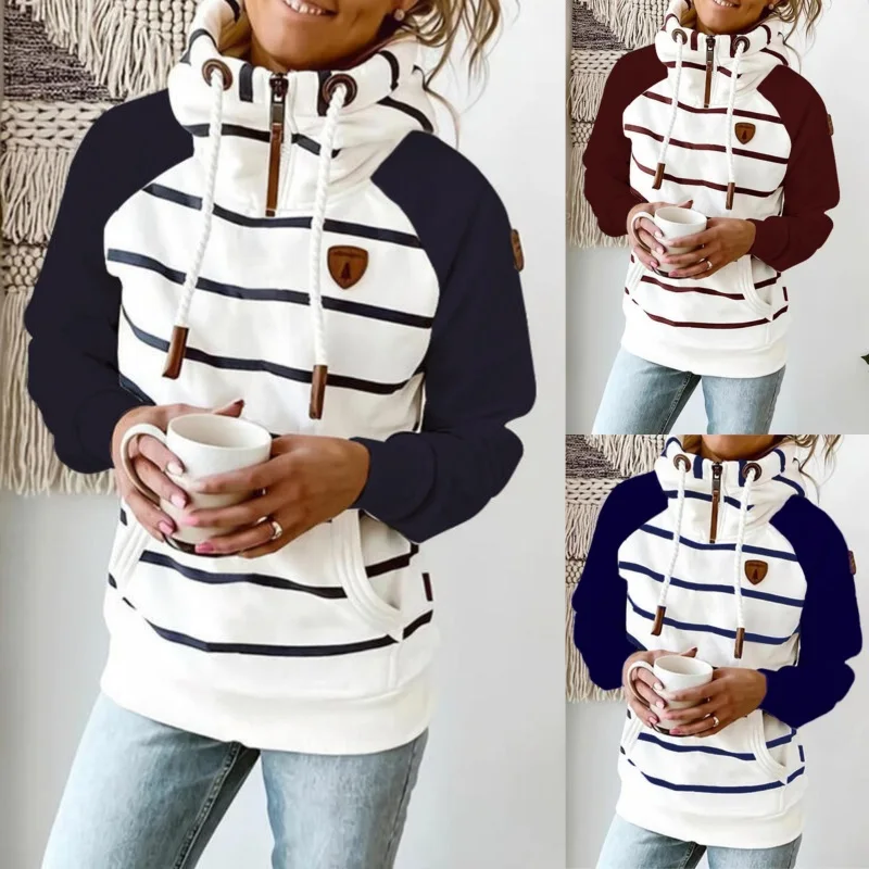 

2021 New Winter Hoodie Stripe Hoodies Women Sweatshirt Women Long Sleeve Pocket Zipper Hoodies Tops Female Winter Thick Outwear
