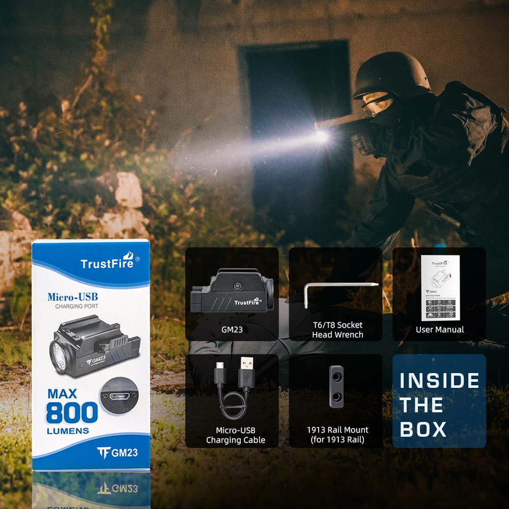 

Gm23 Pistol Gun Light 800 Lumens Glock Tactical Weapon Rail Mounted Flashlight Police Handgun Usb Rechargeable Torch