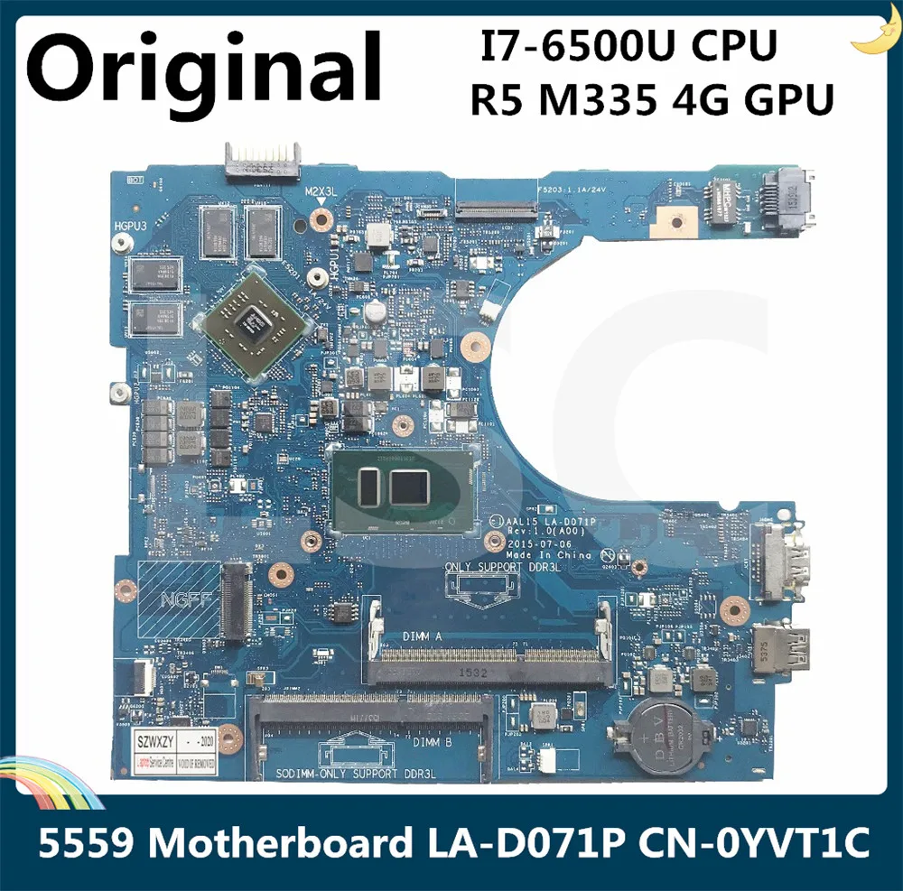 Материнская плата LSC для ноутбука DELL 5559 с процессором SR2EZ I7-6500U R5 M335 4G GPU AAL15 LA-D071P 0YVT1C