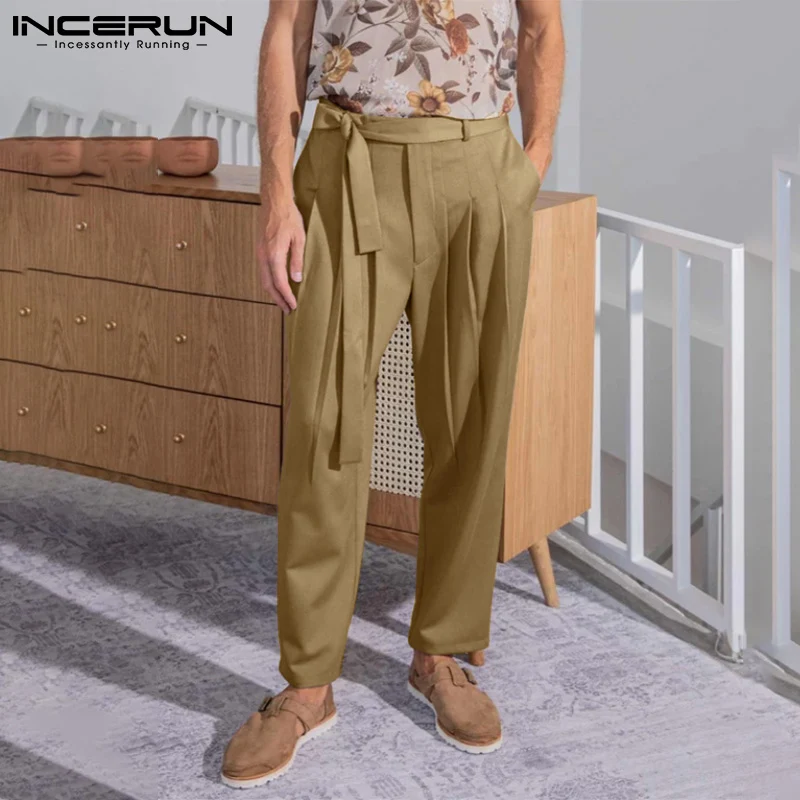 

Fashion Men Pants Lace Up Folds Streetwear Joggers Casual Pantalones Hombre 2022 Solid Color Trousers With Belt S-5XL INCERUN
