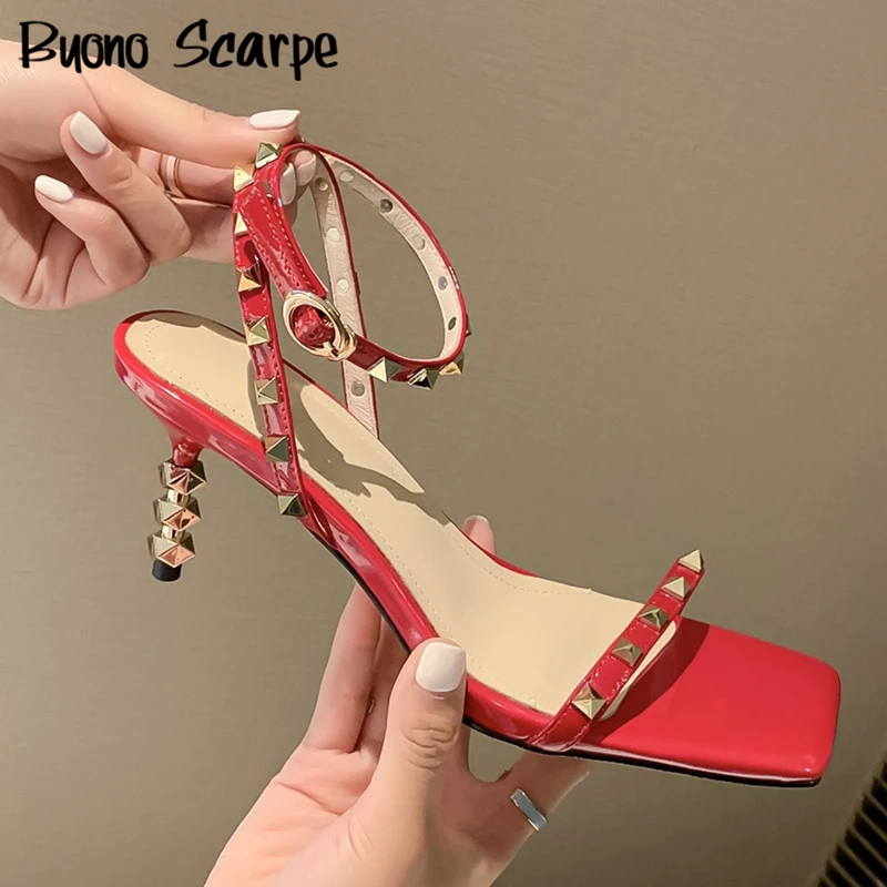 

New Rivet Women's Sandals Patent Leather Ankle Wrap Stiletto High Heels Sandals Square Toe Buckle Strap Ladies Sexy Rivet Sandal