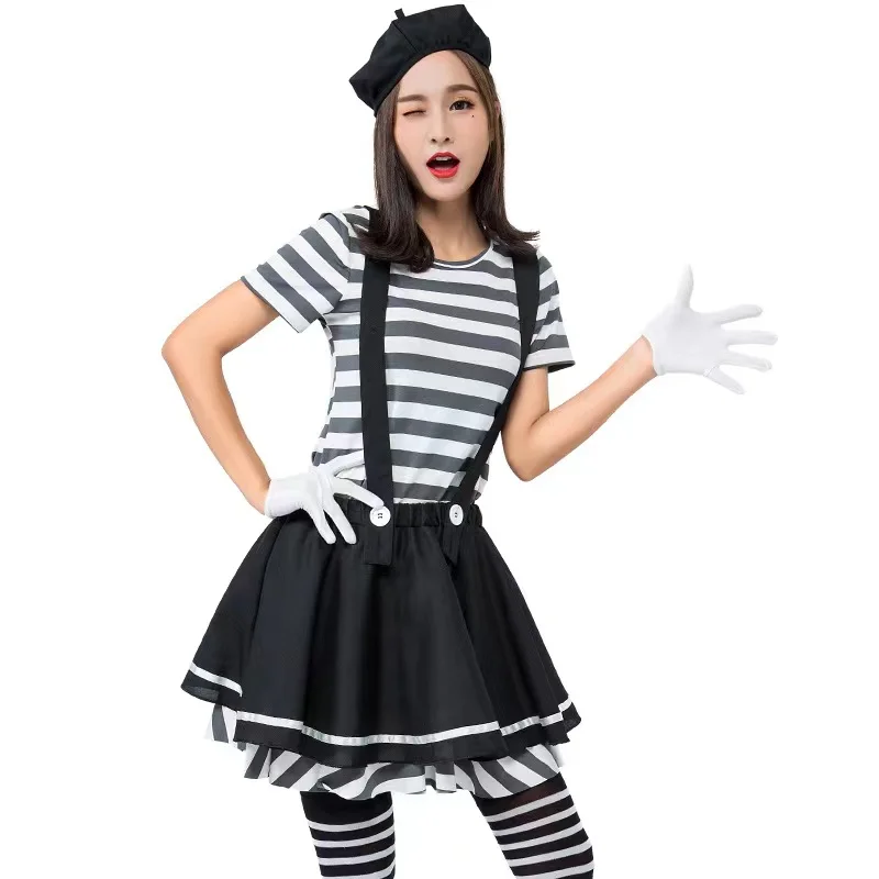 

Black And White Stripes Woman Prisoner Cosplay Female Halloween Prison Uniform Costumes Carnival Purim Role Play Bar Party Dress