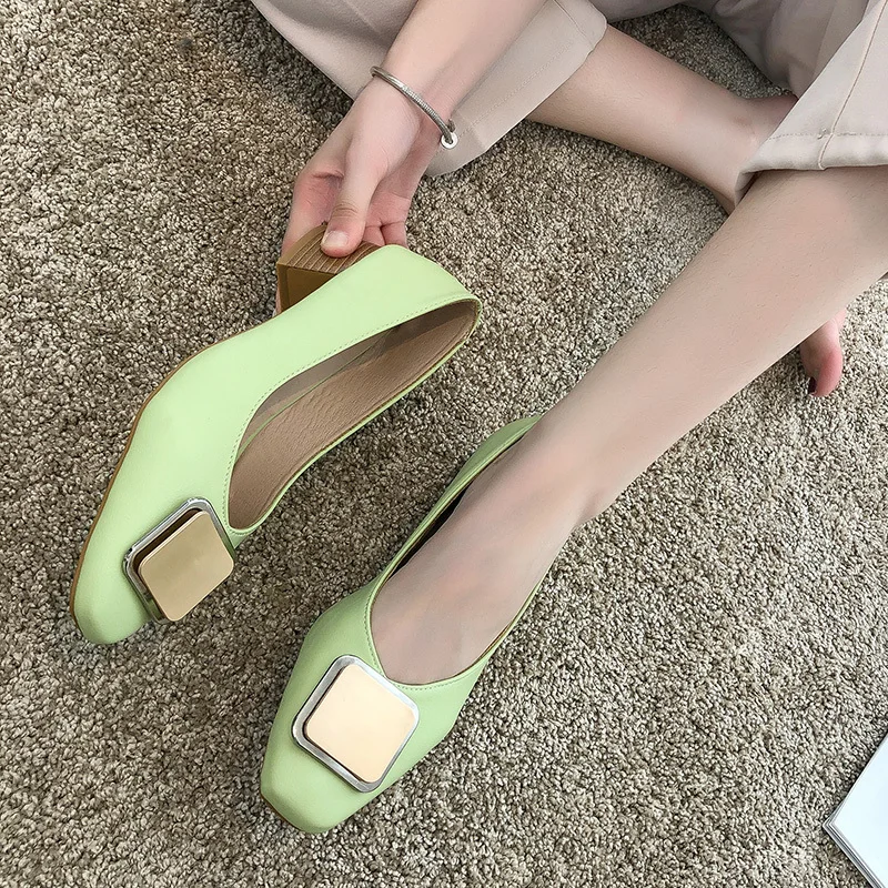 

New Fashion Square Buckle Women Shoes Woman Pumps Square Toe Slip on Shallow Mouth Ladies Shoes Thick High Heels Casual Shoes