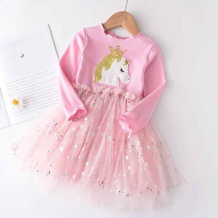 

Платья для девочек 2021, новая весенне-Осенняя детская одежда в форме единорога лоскутное Сетчатое платье с принтом в виде звезд; Платья принц...