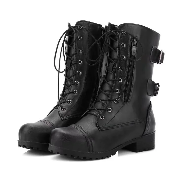 

Women Autumn Platform Mid Calf Boots Female Lace Up Punk Motorcycle Boot Plus Size Buckle Strap Zipper Ladies Low Heel Shoes