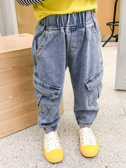 

Boy's jeans, children's mid-waist tooling, denim trousers, baby denim clothing, elastic trousers, baby children's pants