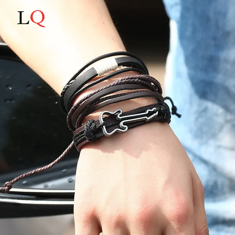 

Leather Bracelet Men Bohemia Charm Mens Bracelets Wrap Pulseira Jewelry New Set Men Bracelets Valentines Day Gift Hip hop Style