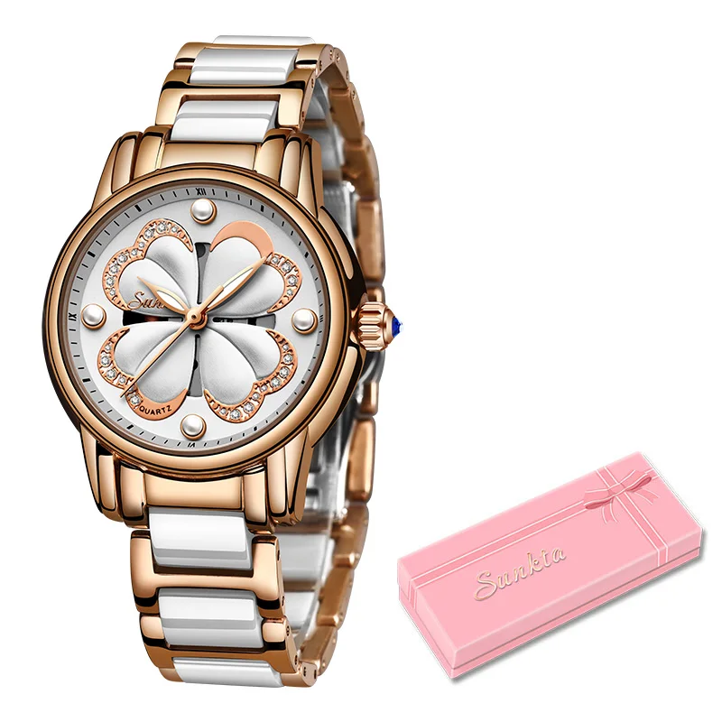 Rose gold white SUNKTA Топ бренд класса люкс водонепроницаемые женские часы; мода и простота керамические кварцевые часы Женское платье часы Relogio Feminino+ коробка - Цвет: Rose gold white