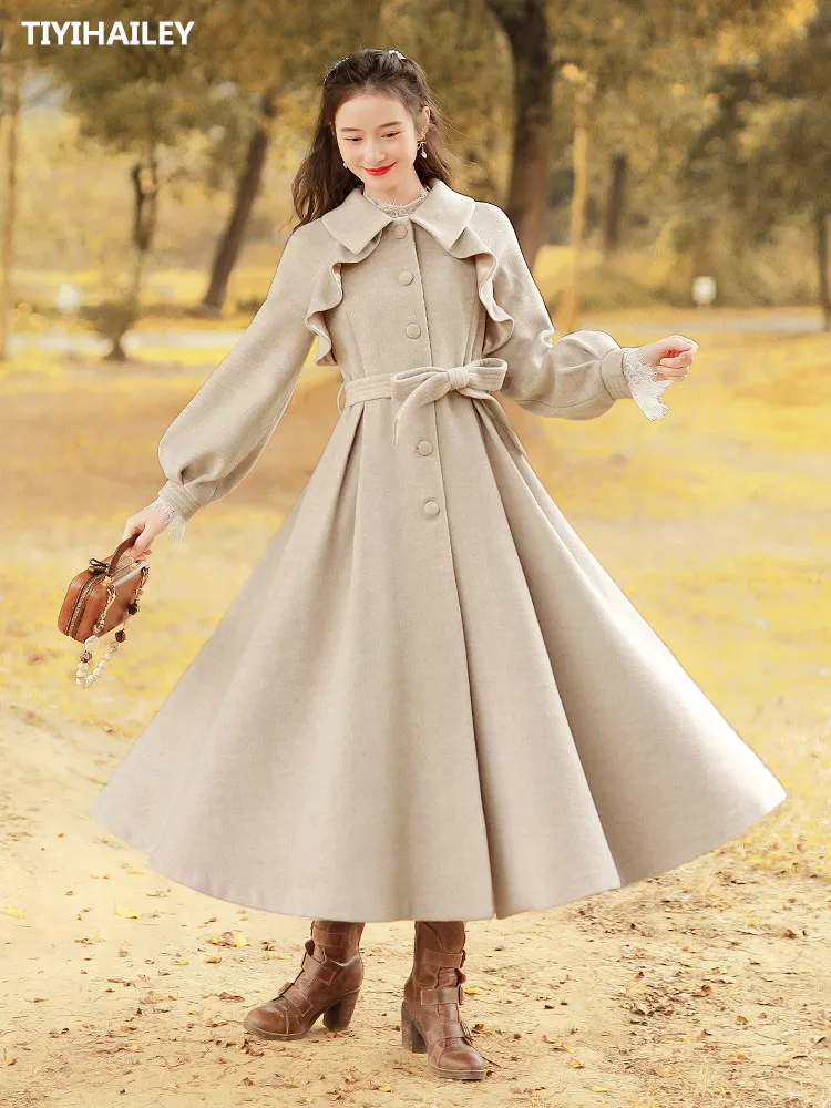 

Free Shipping Boshow Long Maxi Winter Vintage Trench Women Outerwear Belt Lantern Sleeve Turn Down Collar Wool Single Breasted
