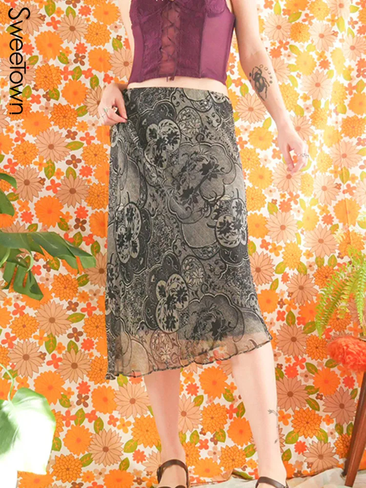 

Sweetown Vintage Printed Preppy Style Midi Skirts Womens Fairycore Grunge Aesthetic Y2K Skirt Summer 2022 Kawaii Holiday Outfits