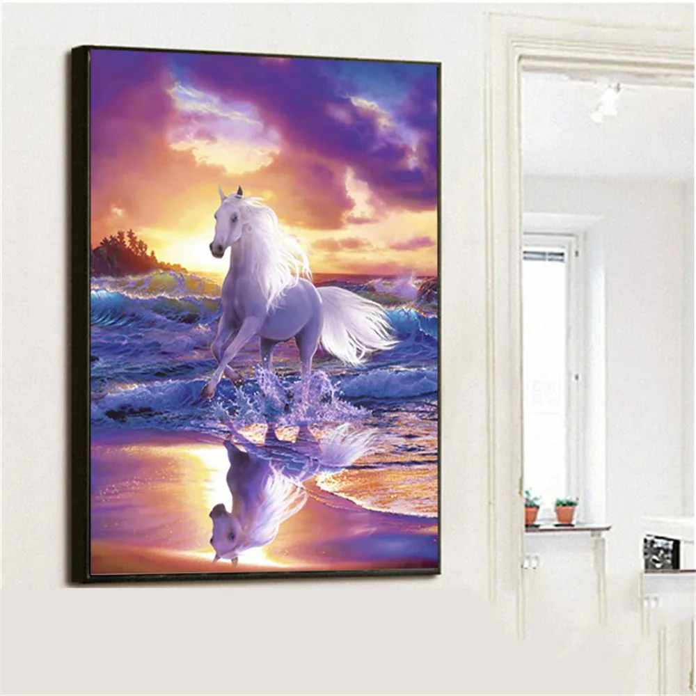 5D DIY Алмазная картина Белая лошадь море закат полная круглая вышивка крестом