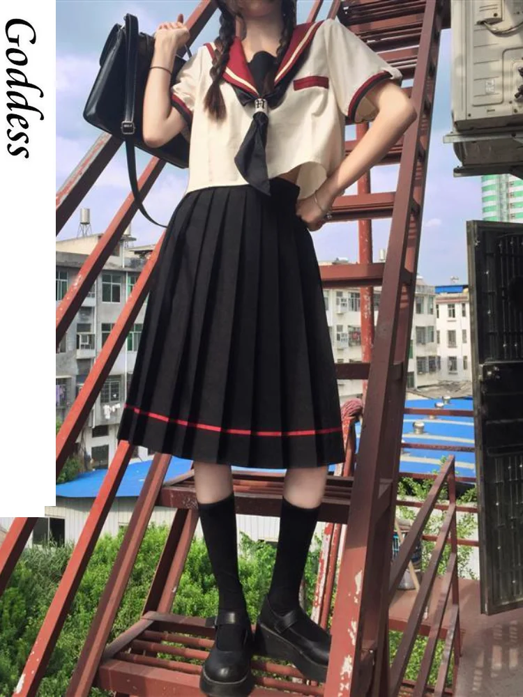 

Women Sweet Japanese Two-piece Suit Sailor Collar Shirts+pleated Skirts Woman Sets 2021 Summer New Uniform College Style