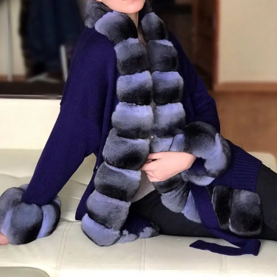 

Fur Sweater Cardigan Women Poncho With Real Rex Rabbit Fur Trims Custom Size And Color