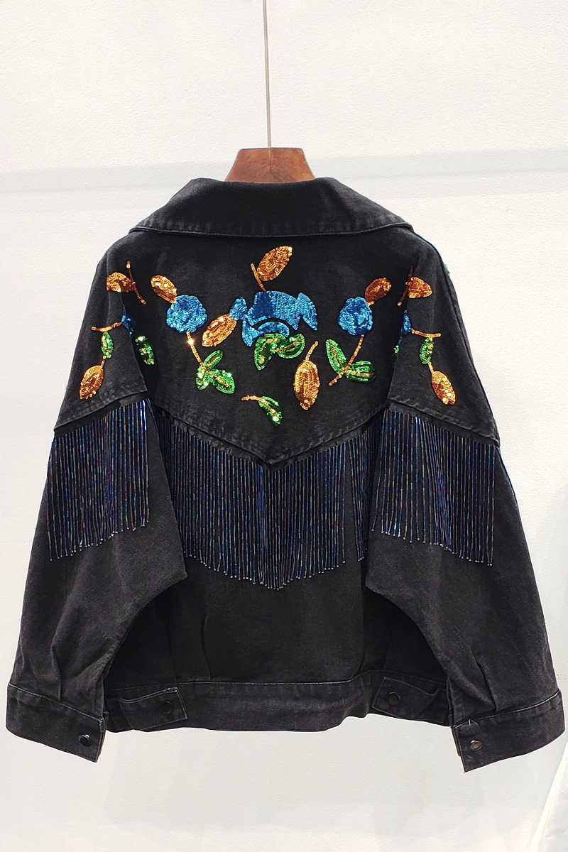 

Flower Embroidery Beaded Tassel Sequins Denim Jacket 2020 Spring Women's Industrial Loose-Fit Slim Batwing Sleeve Jeans Coat