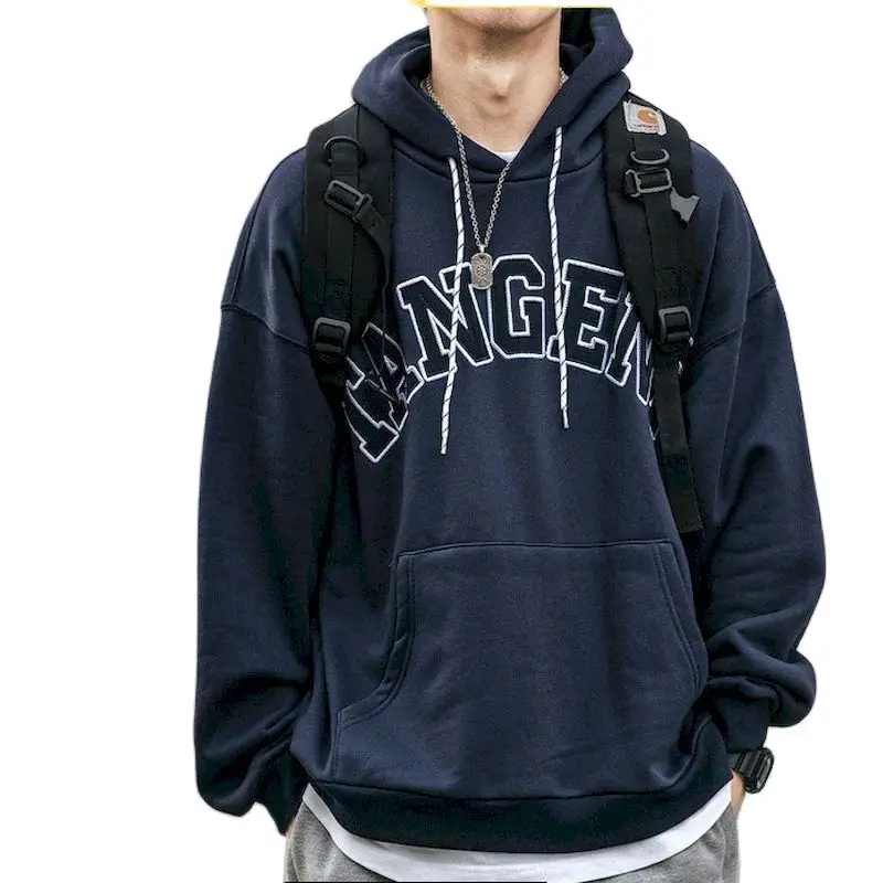 

Autumn Winter Hoodie Oversized Long-sleeved Pullover Sweatshirt Male Gray Fleece Hooded Casual Retro Embroidery Loose Outerwear