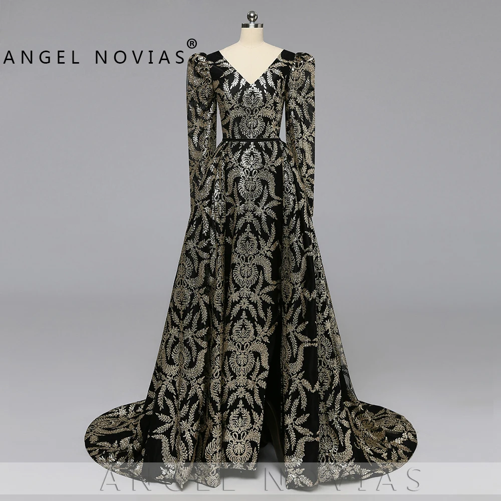 Длинные вечерние платья без рукавов Angel Novias роскошное золотистое блестящее