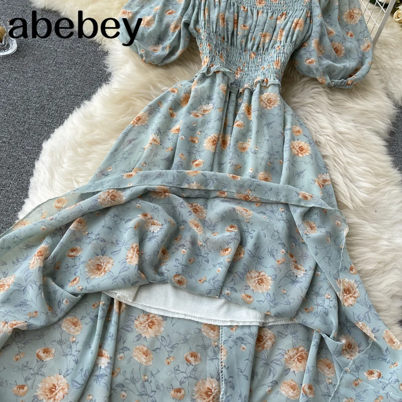 

Summer Women Floral Chiffon Dress Beach Vacation Party Vestidos Female Elegant Square Collar Short Puff Sleeve High Waist Robe