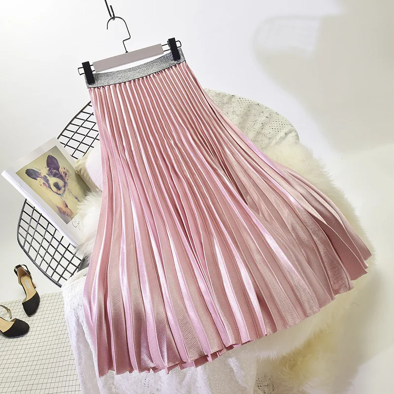 

2020 Quality Pleated Stretch High Waist Long Pink Female Jumper Women Summer Midi Skirt Saia