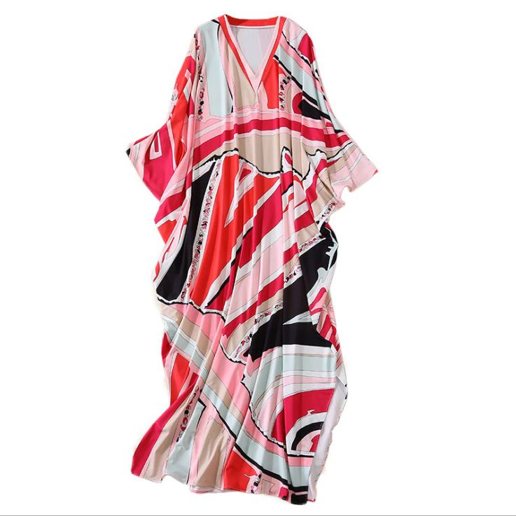 

Women's Runway Loose Design Autumn Dresses Lace Up Batwing Sleeves Multicolor Printed Elegant High Street Split Boho Maxi Dresse