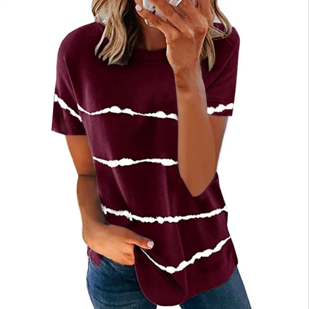 

2021 Spring And Summer European And American Women's Printed Striped Loose Short-sleeved T-shirt Women