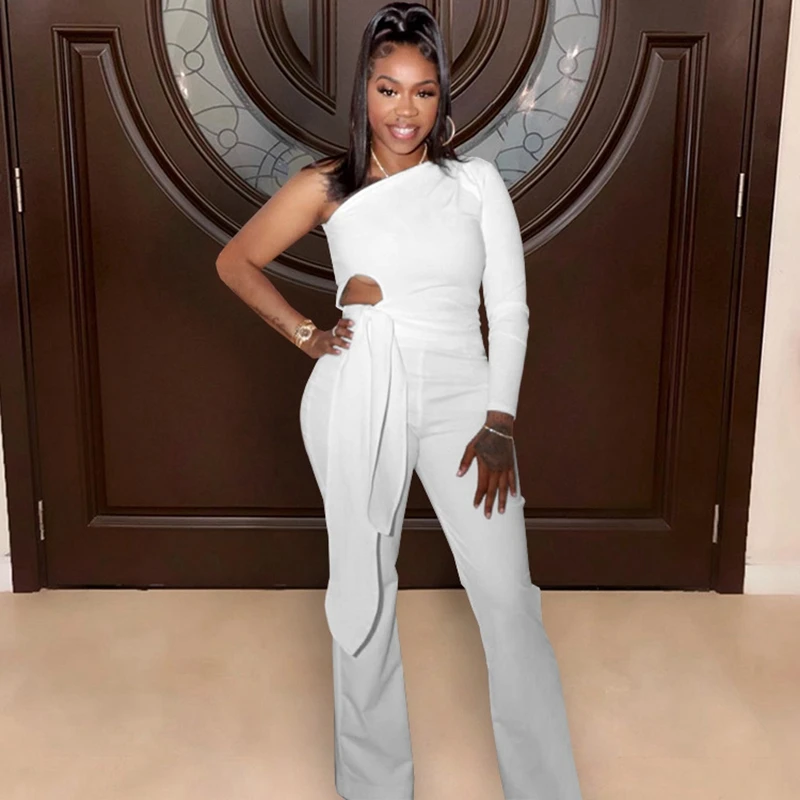 

Женский комплект из двух предметов, элегантный укороченный Топ с длинным рукавом и завязкой на одно плечо и брюки