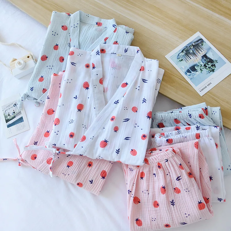 

Spring Crepe Kimono Pajamas Little Persimmon Print Loungewear V-Neck Three Quarter Trousers Sleepwear 2 Piece Night Wear Women