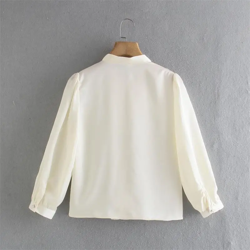 

ZA Summer Women Casual Blouse Pearl Buttons 3/4 Sleeve Solid Bow Collar Female Loose Thin Top Single Breasted Blouse