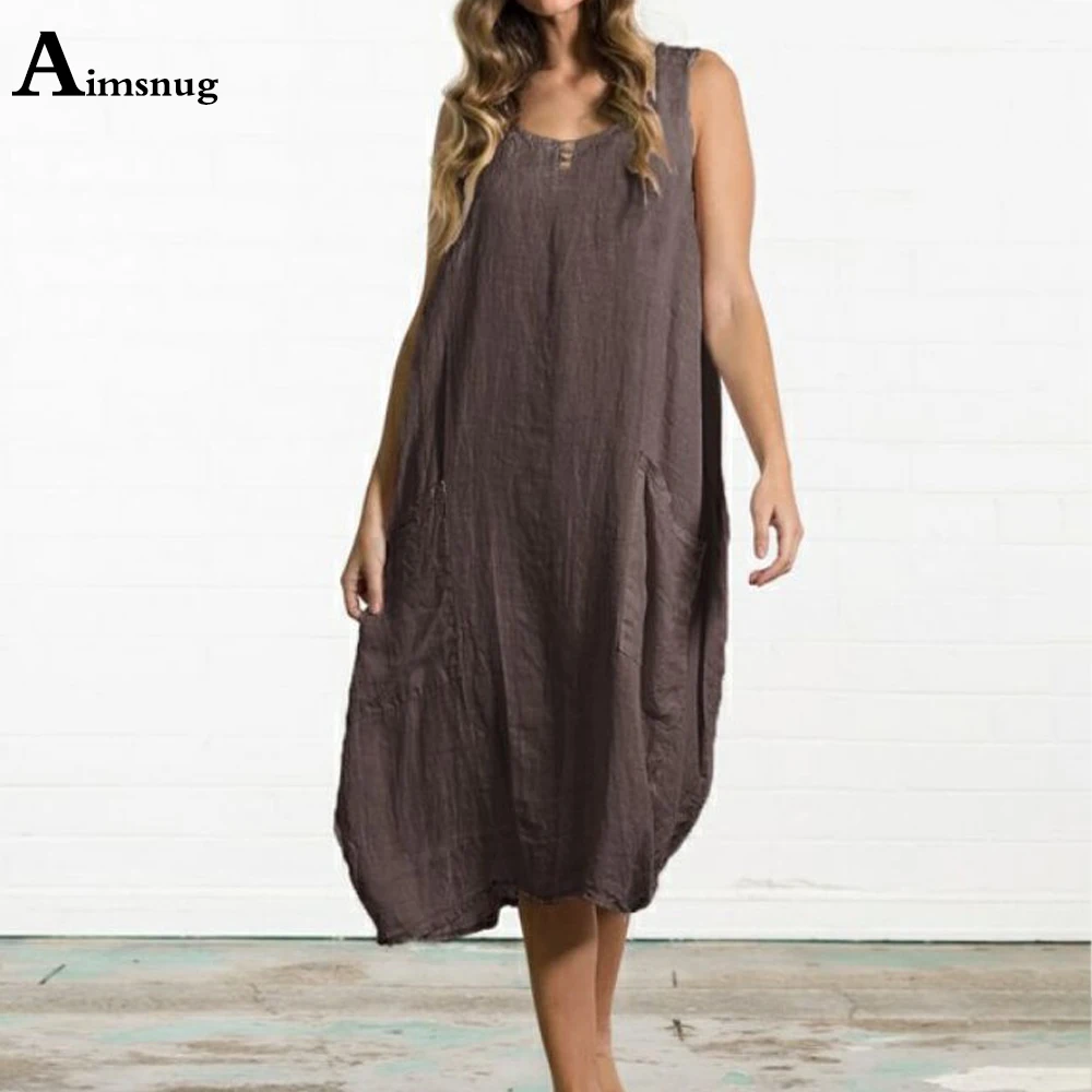 

Solid Cotton Linen Dress For Women 2021 Short Sleeve Casual Loose Party Dress With Pockets Summer Mid-Calf Dresses Femme Clothes