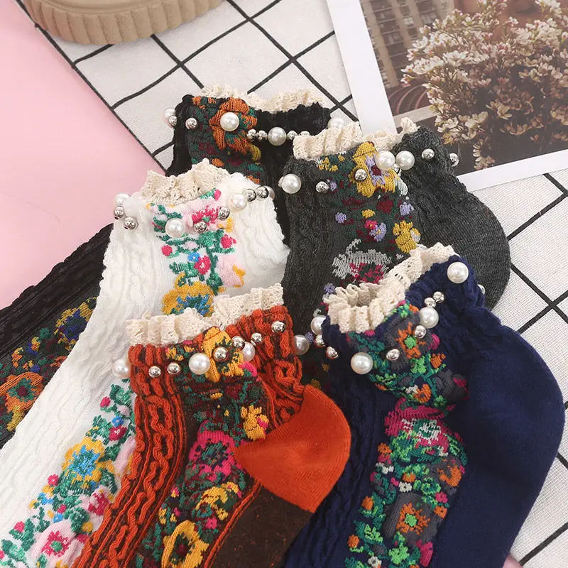 

Sfree 3Pairs Retro Flower Shallow Mouth Korean Cute Japanese Hemp Pattern Beaded Lace Boat Socks Spring and Autumn