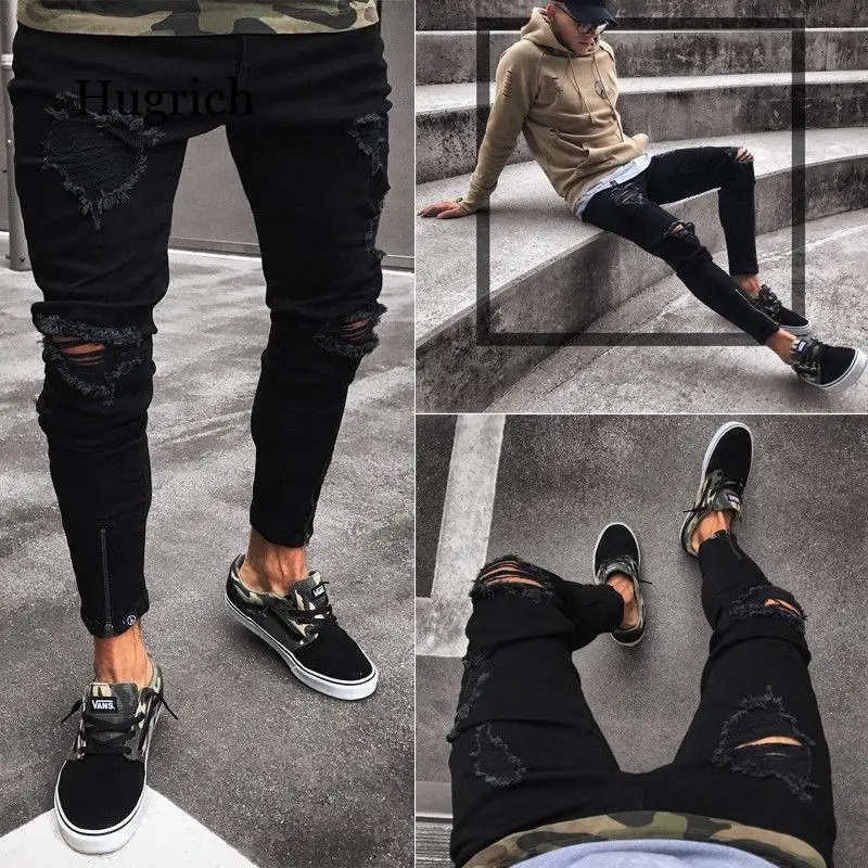 

Man ripped knee distressed hole biker jeans street hip hop pencil pants black stretch slim fit bottom ziper jeans