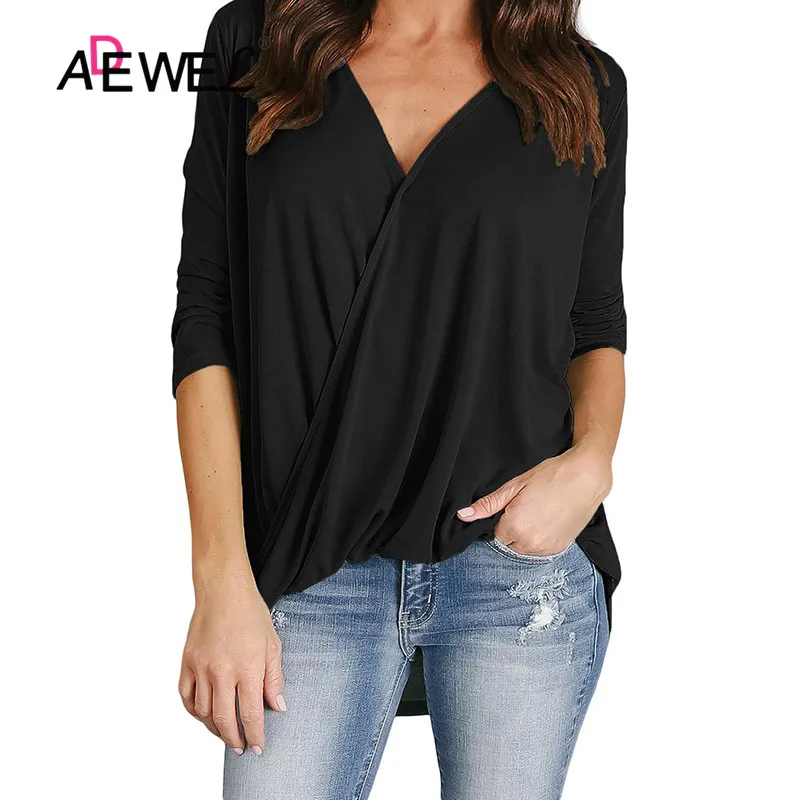 ADEWEL зеленая обертка Hi-lo Hem блузка женская элегантная синяя черная Зеленая