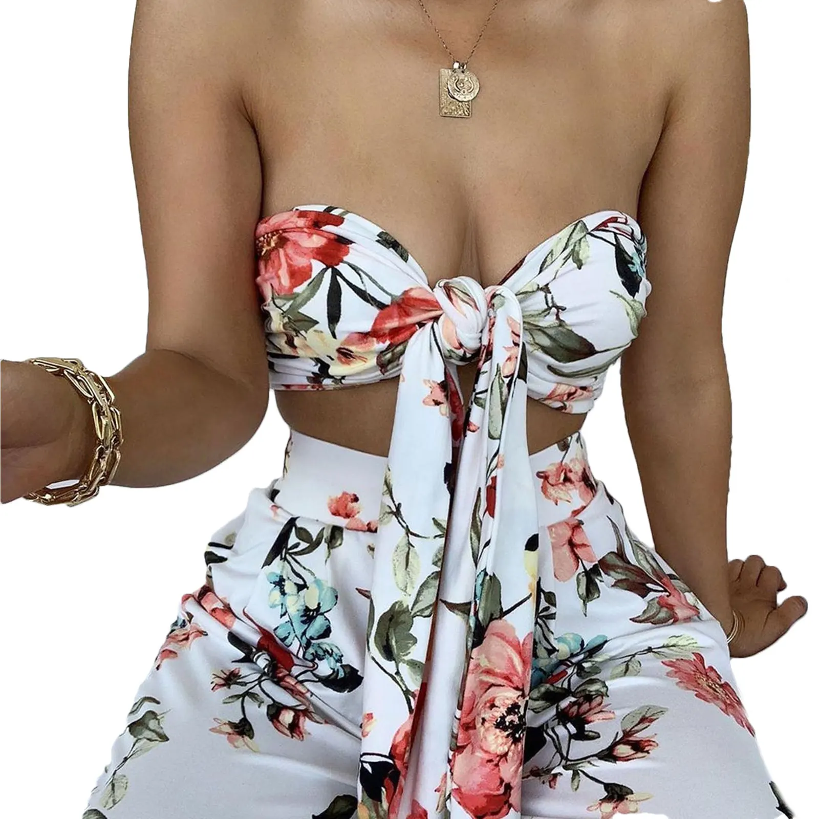 

Womens Summer 2021 Two Piece Suit Sexy Flower Print Lace-up Tube Top and High Waist Long Pants
